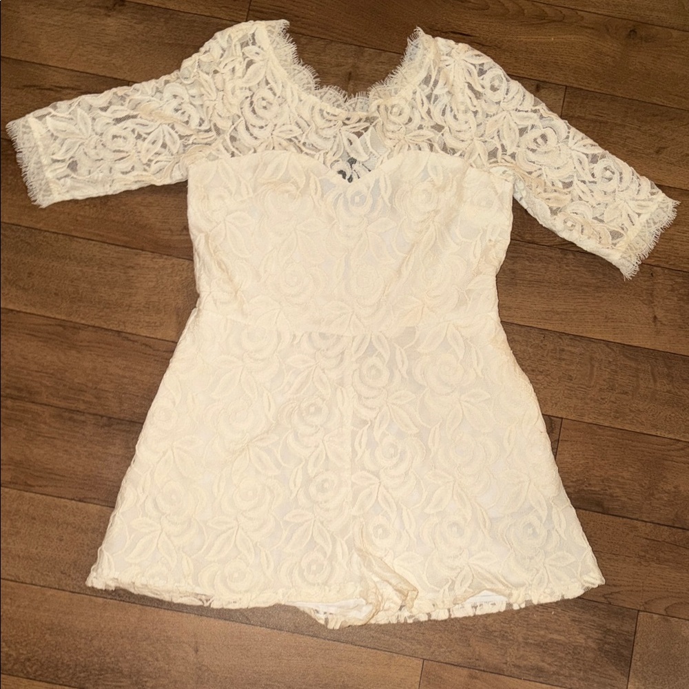 Ivory Lace Romper with Scallop V-Neck